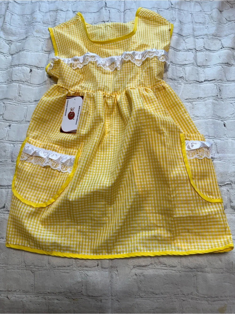 Pet Warrior Dog yellow gingham custom dress. Halloween costume